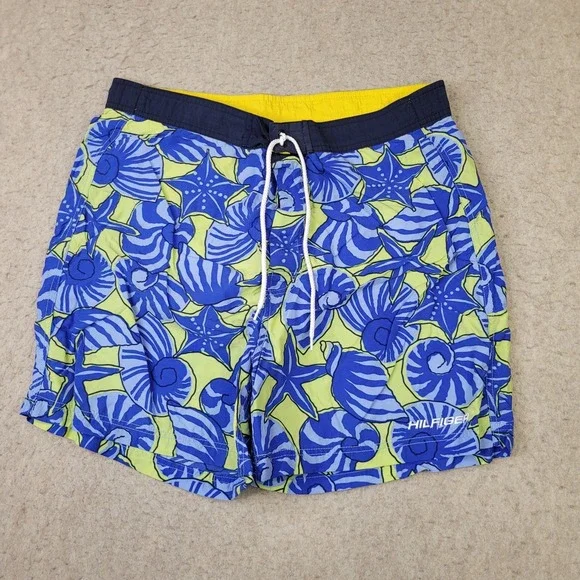 Tommy‎ Hilfiger Mens Swimming Trunks Size L Blue Tropical Shells Lined Nylon