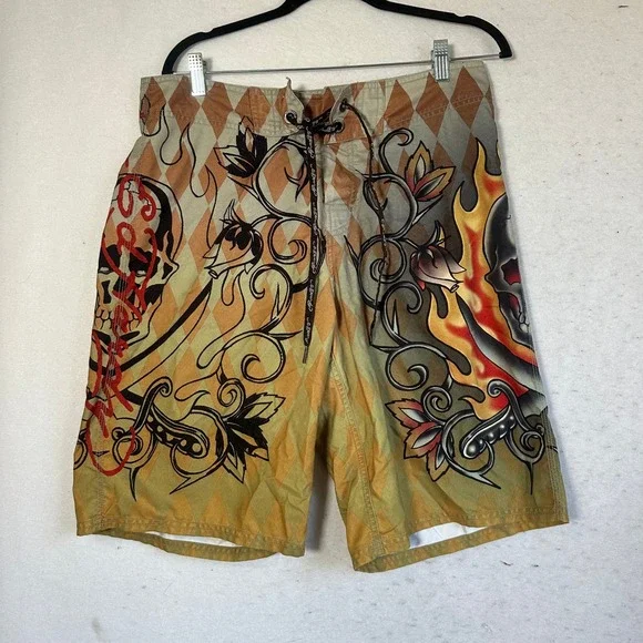 Ed Hardy Mens Tattoo Skull Harlequin Board Shorts Tan Brown Size 33 Swim Trunks