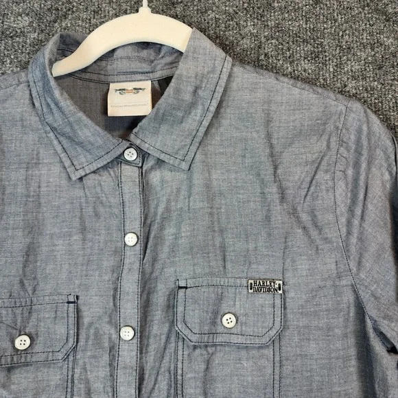 Harley-Davidson Women Y2K Biker Western Bandana Moto Chambray Shirt‎ Size M