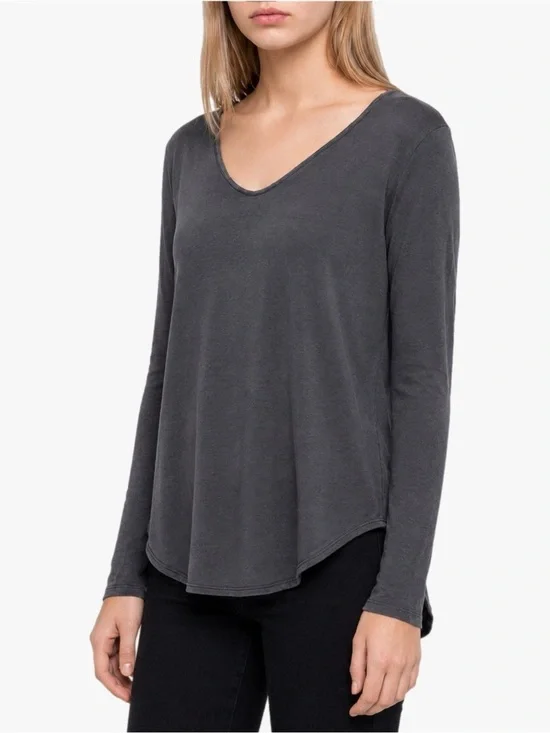 American Eagle Soft & Sexy Long Sleeve Tee XL Burnout Charcoal Gray High Low Hem