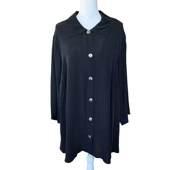 Citron Santa Monica Black 100% Silk Jacquard Medallion Tunic Blouse Plus Size 2X