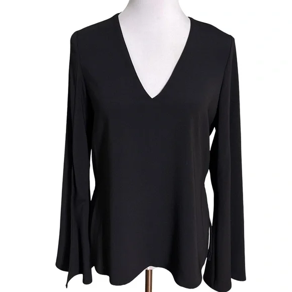 Topshop Black V-Neck Blouse Split Bell Sleeve