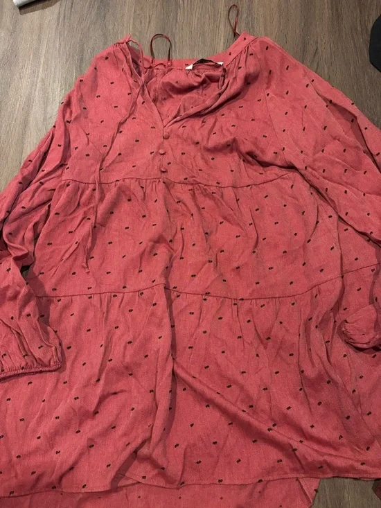 Zara Rose-Pink Tiered Long-Sleeve Tunic with Black Dot Print