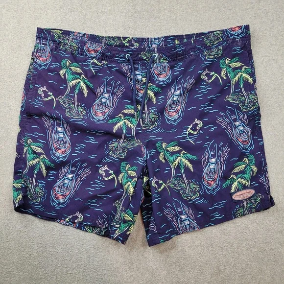 Vineyard Vines Swim Trunks Mens Medium Blue Palm Tree Boat Print Board Shorts