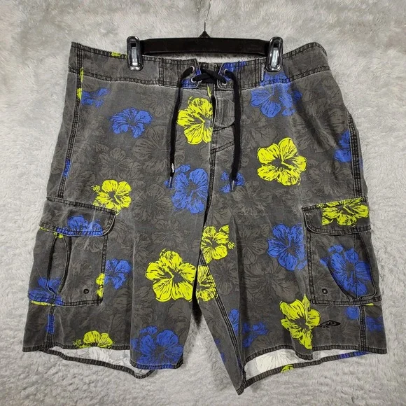 Palmwave Board Shorts Mens 38 Gray Floral Cargo Pockets‎ Swim Trunks