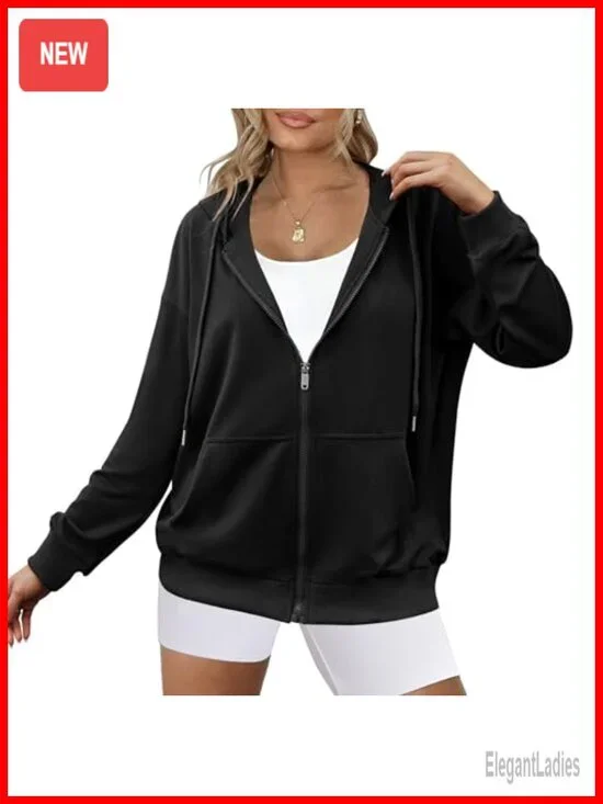 Lightweight Full Zip Up Oversized Hooded Sweatshirt with Pockets Long Sleeve
