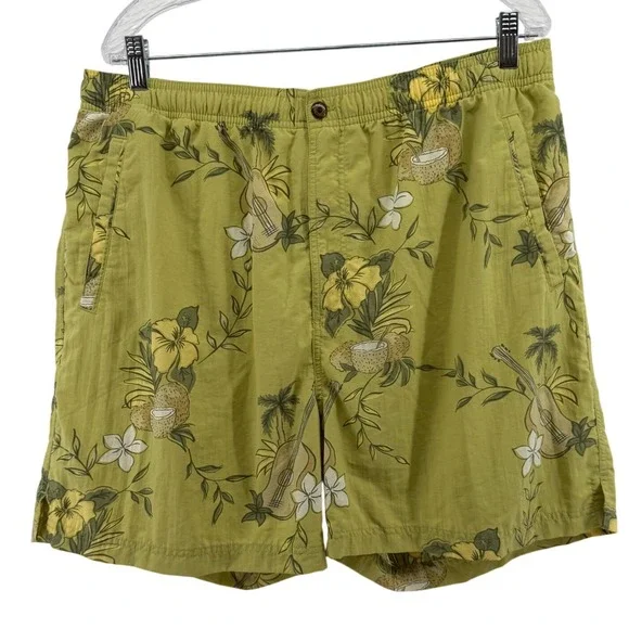 Tommy Bahama Mens Green Tropical Ukulele Floral Swim Trunks Shorts Size L