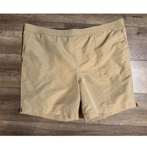 Lands' End‎ Mens XL 40-42 Khaki Swim Trunks Shorts Elastic Waist Mesh Lined
