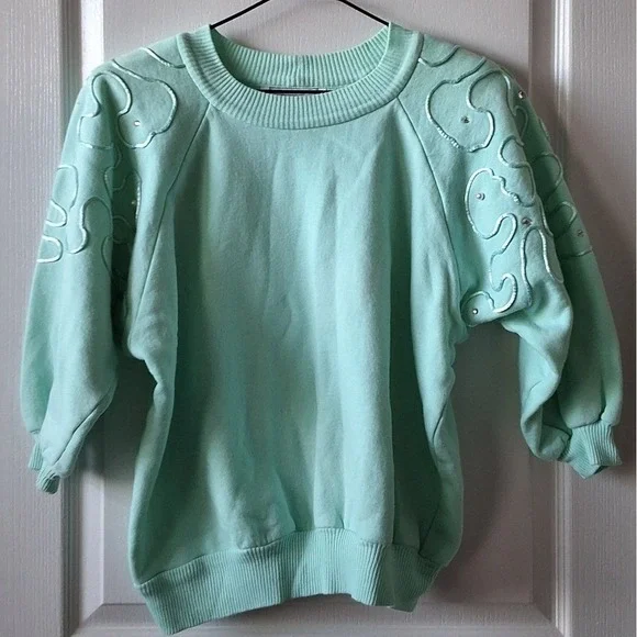 Bodalia Aqua Sweater 1980s Rhinestones Pearls Puffed Sleeves Vintage Flash Dance