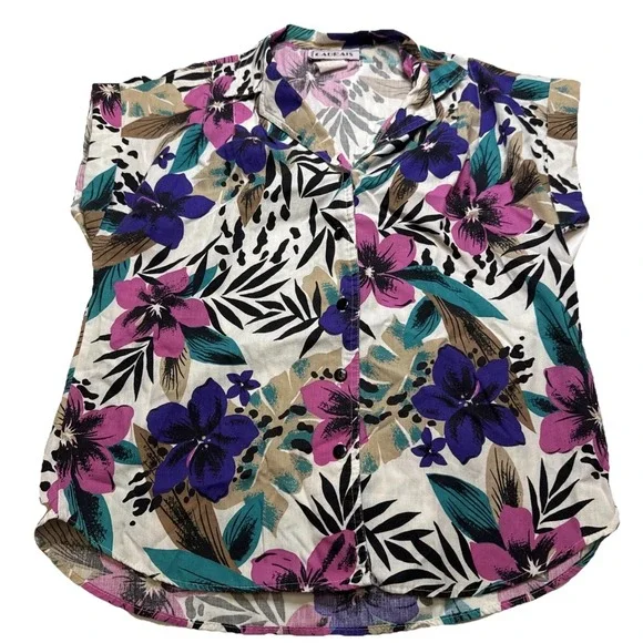 Cabrais Women's Floral Hawaiian Tropical Short‎ Sleeve Shirt