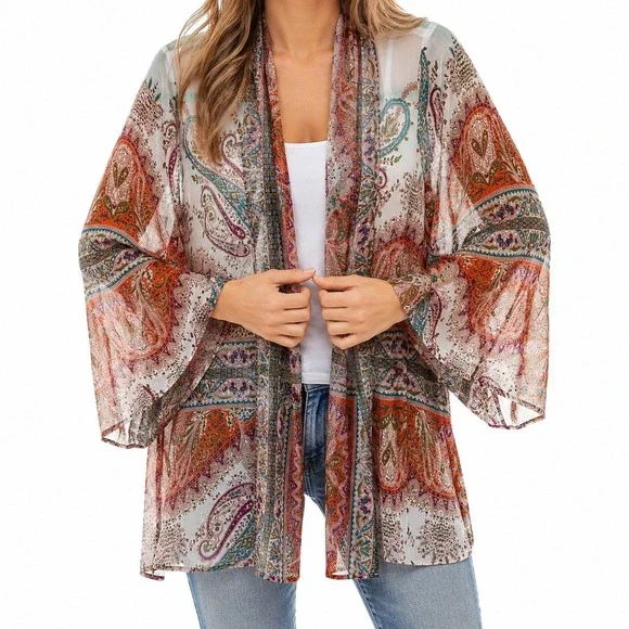 Soft Surroundings Sheer Paisley Kimono Cardigan Topper Women PXS Boho Open Front