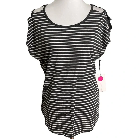 Yogalicious Dark Gray  and White Striped Short Sleeve Top