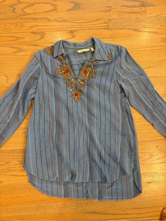 Soft Surroundings Blue Striped Tunic with Gold & Red Embroidery
