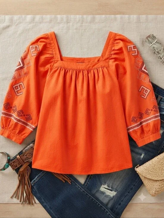 Wrangler Retro Orange Blouse with Southwestern Design Embroidered Sleeves