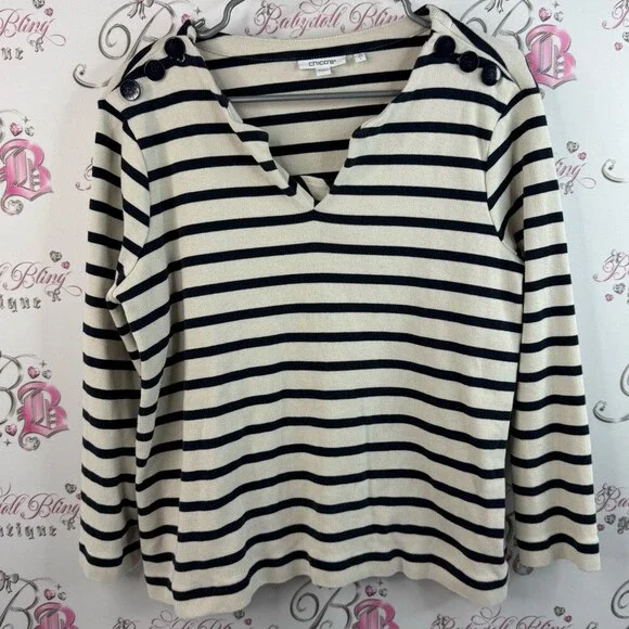 Chico's pull over shirt buttons, navy Black and White Striped Long Sleeve Top