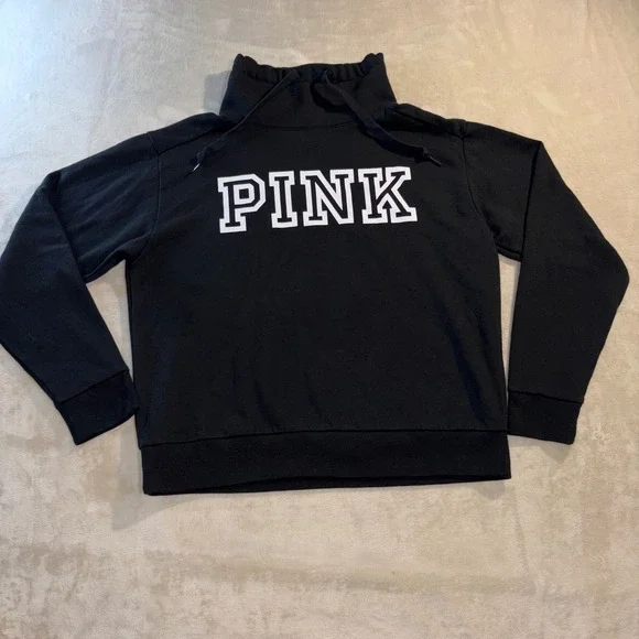 PINK Victorias Secret Funnel Neck Sweatshirt Black White Logo Cowl Pullover S