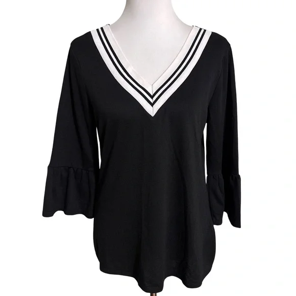 Como Blu Chic V Neck Black and White Blouse Women's