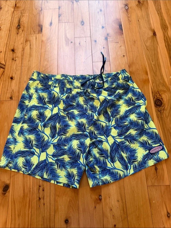 Vineyard Vines Bright Yellow Swim Trunks with Navy Palm Pattern
