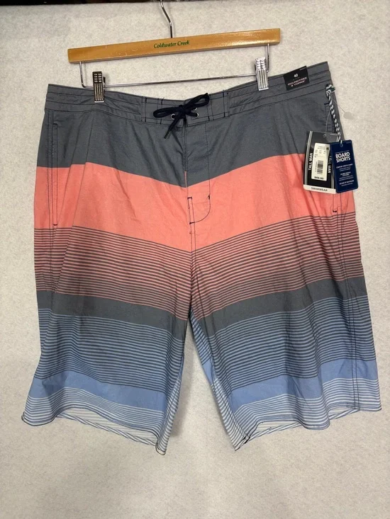 Roundtree & Yorke Coral, Slate and Blue Stripe Board Shorts Swimwear Tall Man