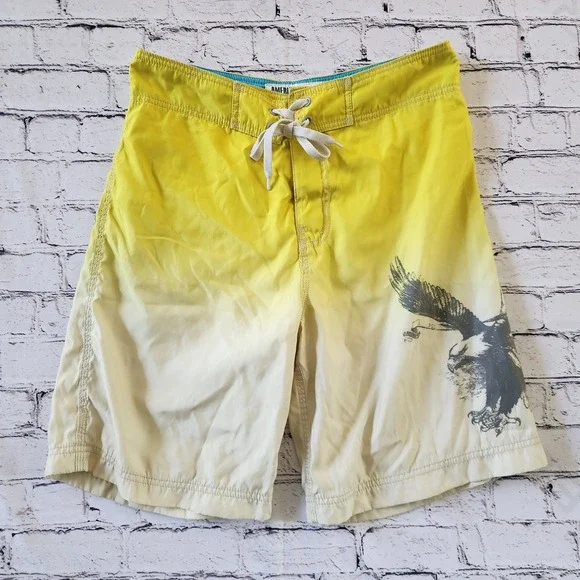 American Eagle Yellow Ombre Eagle Graphic Board Shorts Mens 30 Swim Trunks