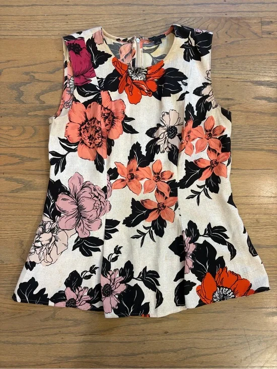 Ann Taylor Sleeveless Floral Blouse - Coral, Pink & Black on Cream