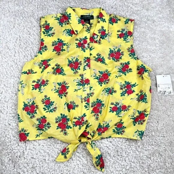 Lauren Ralph Lauren Yellow Red Rose Tie Front Crop Shirt Vintage NEW