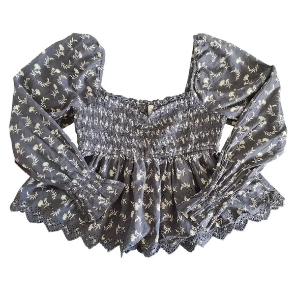 American Eagle M‎ Floral Smocked Top Peplum Eyelet Hem Cottagecore Corquette Y2K