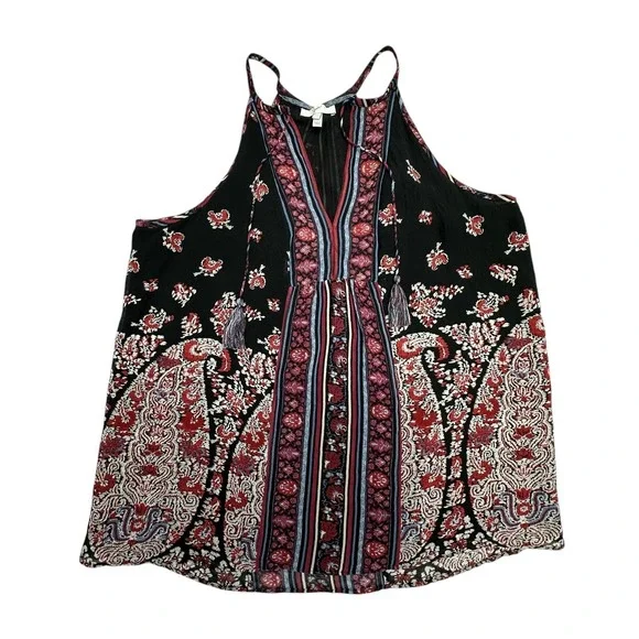 Joie Tank Top Womens XS Black Paisley Halter Silk Lined Boho Tassel‎ Camisole