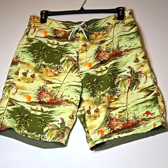 Tommy Bahama Reversible Board Swim Shorts Pocket Tropical Beach Active Green 9