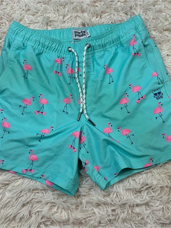 Party Pants Women's Turquoise Flamingo Print Drawstring Shorts