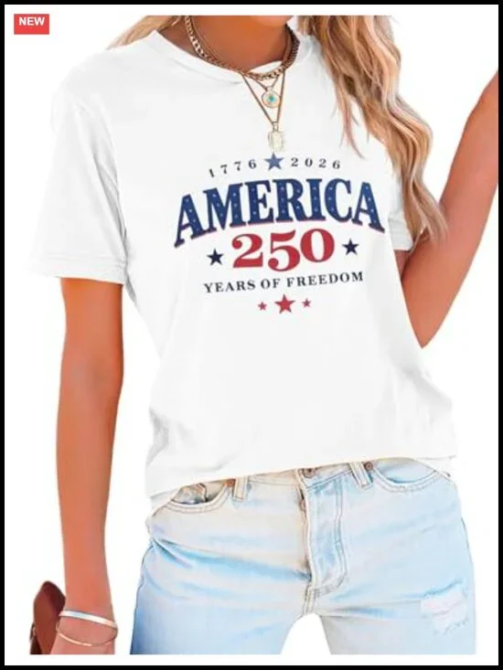 Patriotic USA Flag T-Shirt Women Short Sleeve 4th of July Top 1776-2026 Cotton