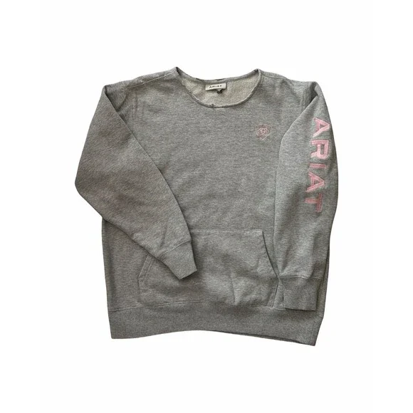 Ariat Women's Gray Fleece Pink Logo Pullover Sweatshirt Western See Measurements