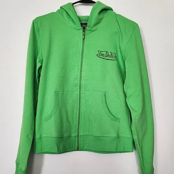 VON DUTCH Women's - L - Lightweight Neon Green Signature Cotton‎ Full zip…