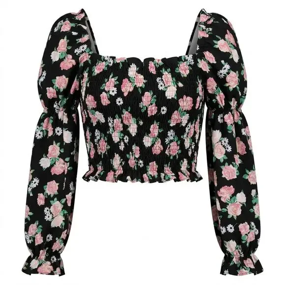 H&M Divided Black Floral Ruffle Smocked Stretch Blouse Women Size M