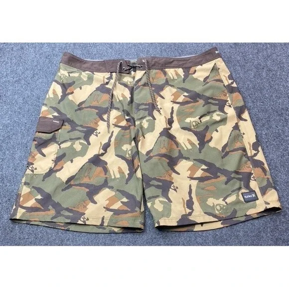 Hurley Board Shorts Men 38 Green Camouflage Phantom Cargo Pocket Swim Trunks