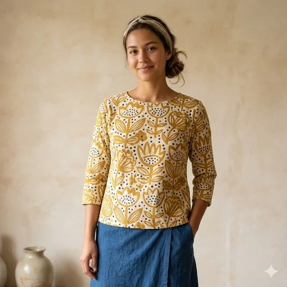 Sou Sou Womens Top Small‎ Mustard Yellow Floral Boat Neck 3/4 Sleeve Art to Wear
