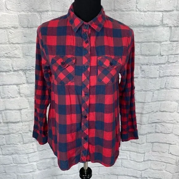 Passport 100% cotton plaid button down Longsleeve top red/navy blue sz Med women