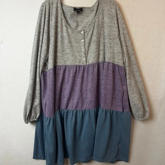 Suzanne Betro Colorblock Henley Tiered Tunic Dress Gray Purple Blue 3X‎ Pockets