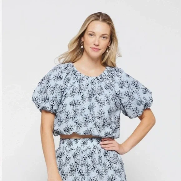 English Factory 100% Cotton Blue Ditsy Floral Print Balloon Sleeve Blouse Top M