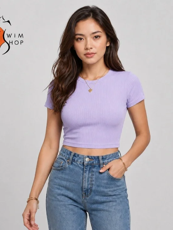 Ribbed Short Sleeve Crop Top - Lavender