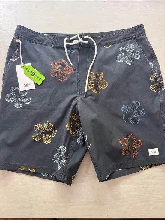 Katin Charcoal Floral Board Shorts with Yellow, Blue & Orange Hibiscus