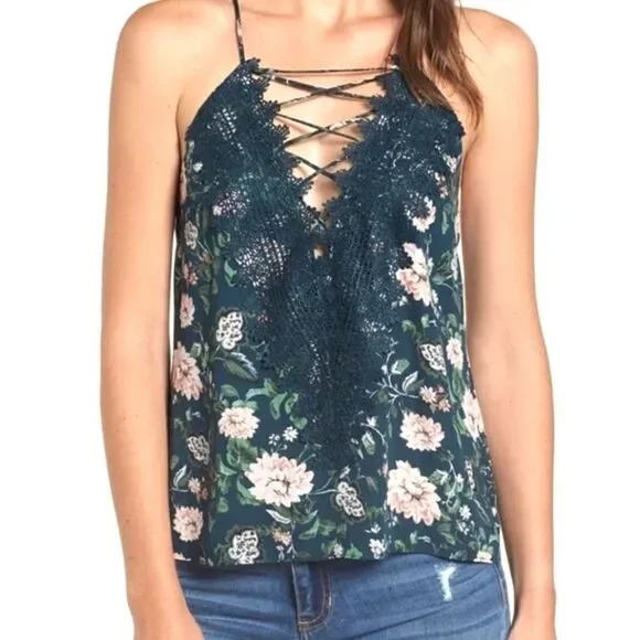 WayF Posie green Floral Print Strappy Camisole Top sz XS