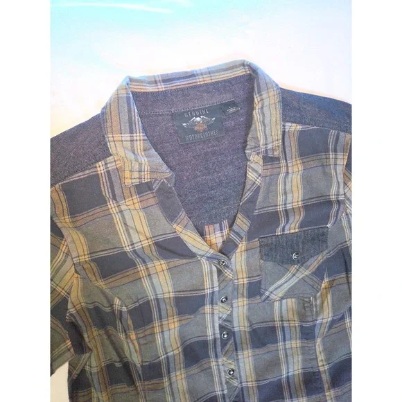 Harley Davidson Plaid Snap Down Women L Gray Tan Graphic Back 96337-19VW‎