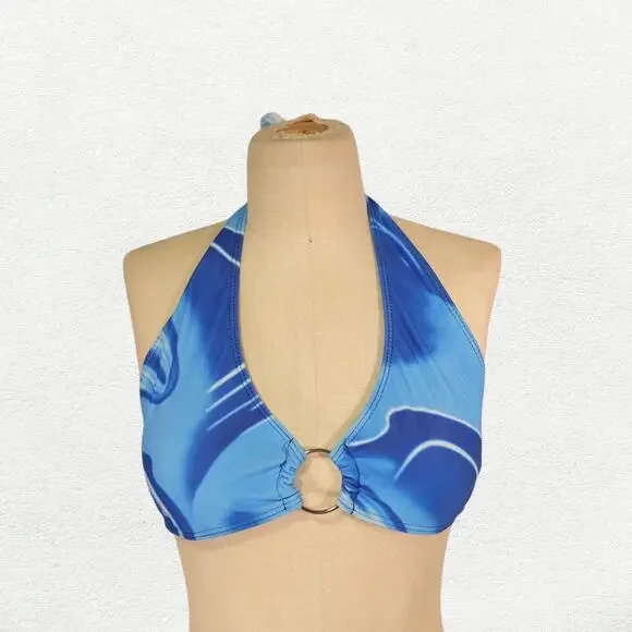 Y2K Marble Swirl Print Halter Festival Bikini Crop Top Blue with Silver O-Ring