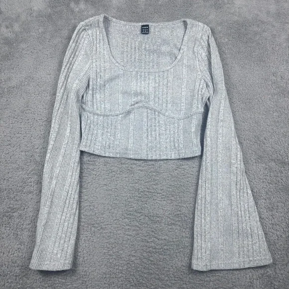 SHEIN Ribbed Knit Crop Top Womens Size M Gray Bell Sleeve Scoop Neck sw220923616
