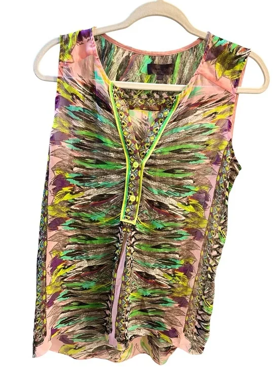 Hale Bob Pink Sleeveless Feather-Print Camisole with Green Accents