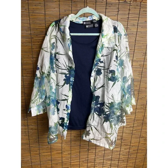 Maggie Barnes Womens 3X Floral Sheer Shirt and Navy Tank Top 2 Piece Set Plus