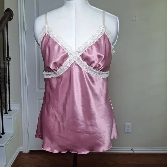 Vintage Babydoll Satin Lace Camisole Top Pink XL Y2K Fairy Grunge Coquette