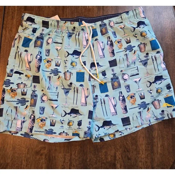 Tommy Bahama Mens 1XLB Swim Trunks Cocktail Barware Print Aqua Blue Board Shorts
