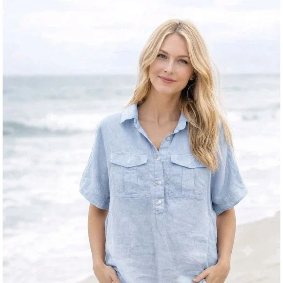 J CREW Linen Shirt Baird McNutt Pure Irish Popover Coastal Beach - Size 00 Blue